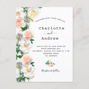 Blush pink rose gold lush florals white wedding postcard
