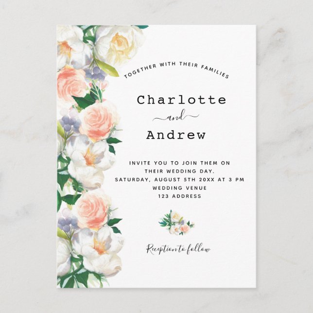 Blush pink rose gold lush florals white wedding postcard (Front)