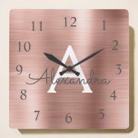 Blush Pink - Rose Gold Metallic Monogram Name Square Wall Clock<br><div class="desc">Blush Pink - Rose Gold Faux Stainless Steel Foil Monogram Name and Initial Custom Unique Personalised Wall Clock for the House or Office. The Wall Clock makes the perfect Christmas or Sweet 16,  18th,  21st,  30th,  40th,  50th or 60th Birthday gift for someone who loves pink metallic decor.</div>