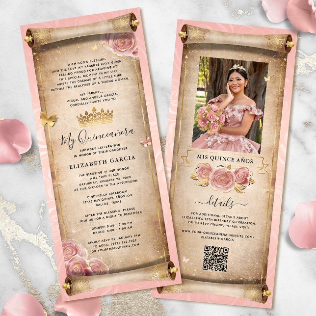 Blush Pink Rose Gold Mis Quince Photo Scroll Invitation (Elegant gold and blush pink rose quinceanera scroll invitation cards for your fairytale birthday.)