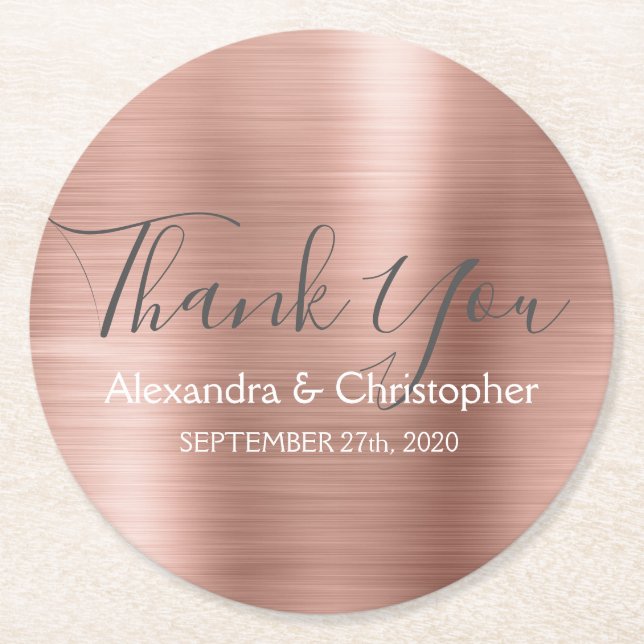 Blush Pink - Rose Gold Modern Wedding Thank You Round Paper Coaster (Front)
