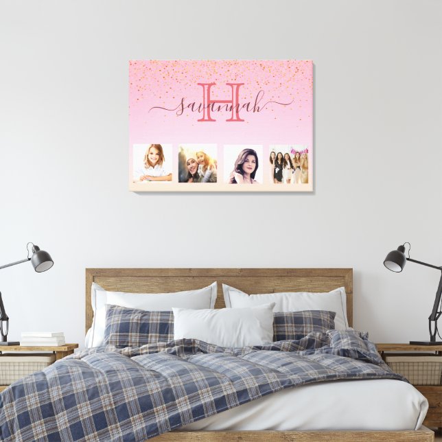 Blush pink rose gold monogram photo canvas print (Insitu(Bedroom))