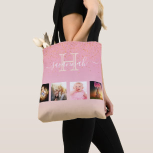 Blush pink rose gold monogram photo collage tote bag