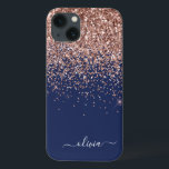Blush Pink Rose Gold Navy Blue Glitter Monogram Ca iPhone 13 Case<br><div class="desc">Rose Gold - Blush Pink and Navy Blue Faux Sparkle and Dripping Glitter Brushed Metal Monogram Name and Initial Phone. This makes the perfect sweet 16 birthday,  wedding,  bridal shower,  anniversary,  baby shower or bachelorette party gift for someone that loves glam luxury and chic styles.</div>