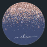 Blush Pink Rose Gold Navy Blue Glitter Monogram Classic Round Sticker<br><div class="desc">Rose Gold - Blush Pink and Navy Blue Sparkle Glitter Monogram Name Party Sticker Address Labels. This makes the perfect sweet 16 birthday,  wedding,  bridal shower,  anniversary,  baby shower or bachelorette party gift for someone that loves glam luxury and chic styles.</div>