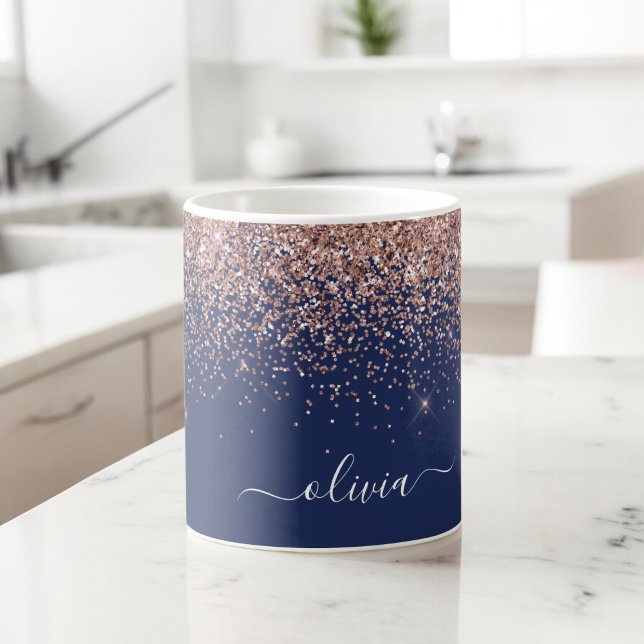 Blush Pink Rose Gold Navy Blue Glitter Monogram Coffee Mug (Creator Uploaded)