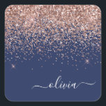 Blush Pink Rose Gold Navy Blue Glitter Monogram Square Sticker<br><div class="desc">Rose Gold - Blush Pink and Navy Blue Sparkle Glitter Brushed Metal Monogram Name Paper Party Sticker Address Labels. This makes the perfect sweet 16 birthday,  wedding,  bridal shower,  anniversary,  baby shower or bachelorette party gift for someone that loves glam luxury and chic styles.</div>