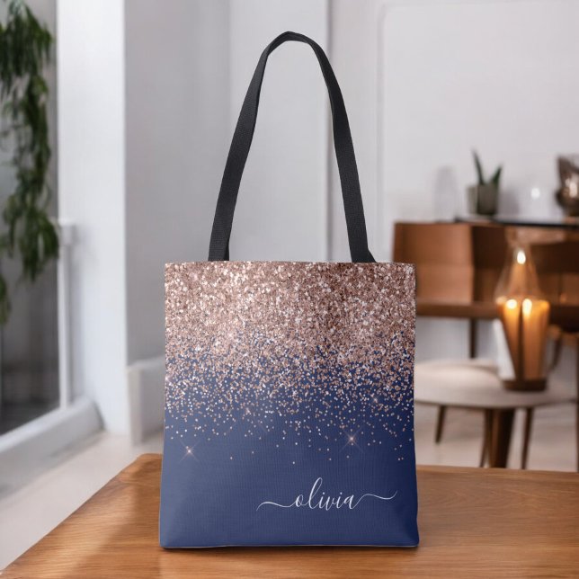 Blush Pink Rose Gold Navy Blue Glitter Monogram Tote Bag (Creator Uploaded)