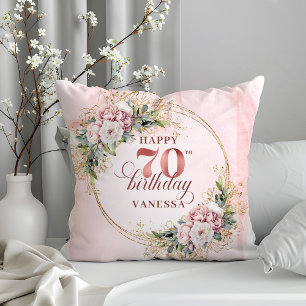 Blush Pink Rose Gold Pillow with Flowers 70 Bday