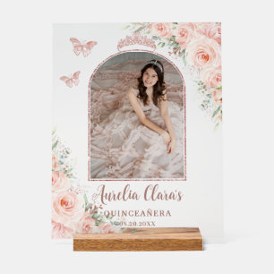 Blush Pink Rose Gold Quinceañera Sweet 16 Photo Acrylic Sign