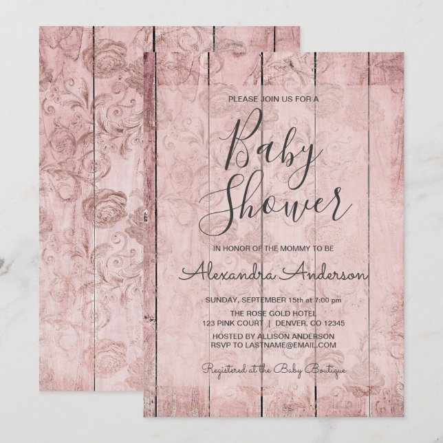 Blush Pink - Rose Gold Rustic Baby Shower Invitation (Front/Back)