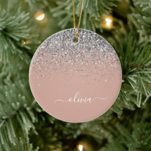 Blush Pink Rose Gold Silver Glitter Monogram Ceramic Tree Decoration