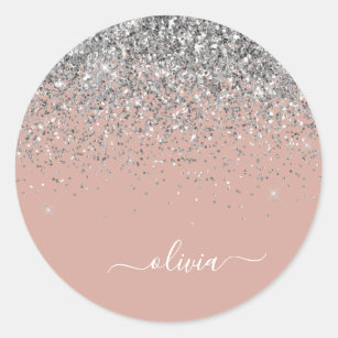 Blush Pink Rose Gold Silver Glitter Monogram Classic Round Sticker