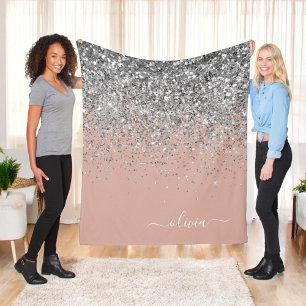 Blush Pink Rose Gold Silver Glitter Monogram Fleece Blanket