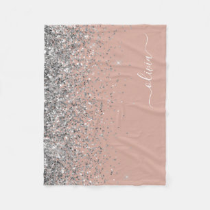 Blush Pink Rose Gold Silver Glitter Monogram Fleece Blanket