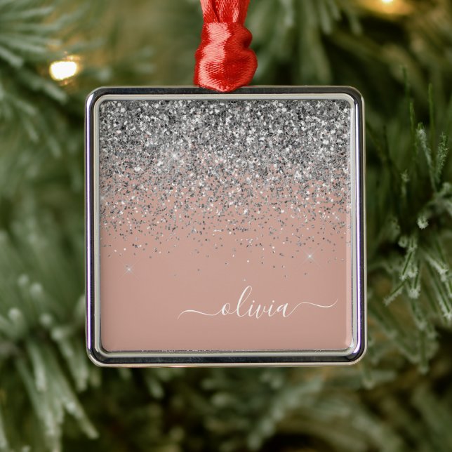 Blush Pink Rose Gold Silver Glitter Monogram Metal Tree Decoration (Tree)