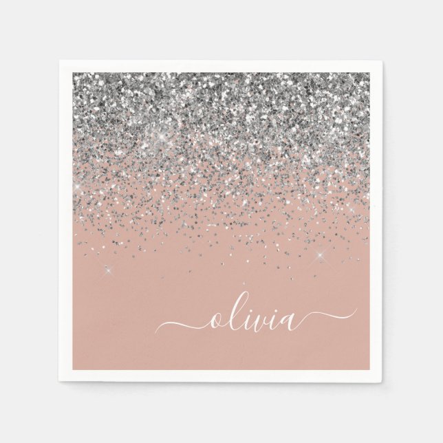 Blush Pink Rose Gold Silver Glitter Monogram Napkin (Front)
