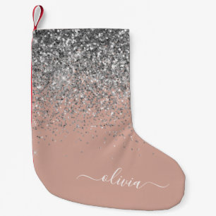 Blush Pink Rose Gold Silver Glitter Monogram Small Christmas Stocking