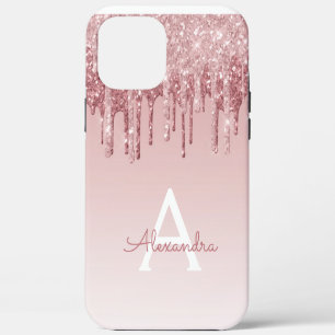 Blush Pink - Rose Gold Sparkle Glitter Monogram iPhone 12 Pro Max Case