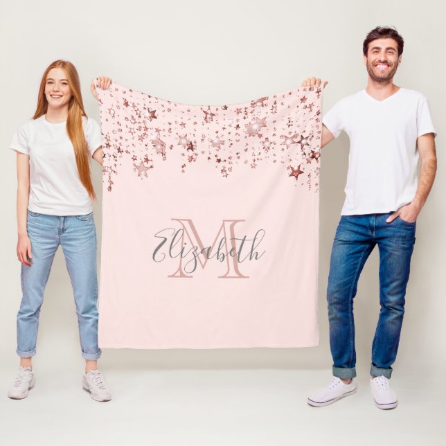 Blush pink rose gold stars monogram name fleece blanket (In Situ)