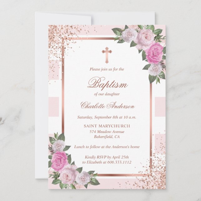 Blush Pink Rose Gold Striped Floral Girl Baptism Invitation (Front)