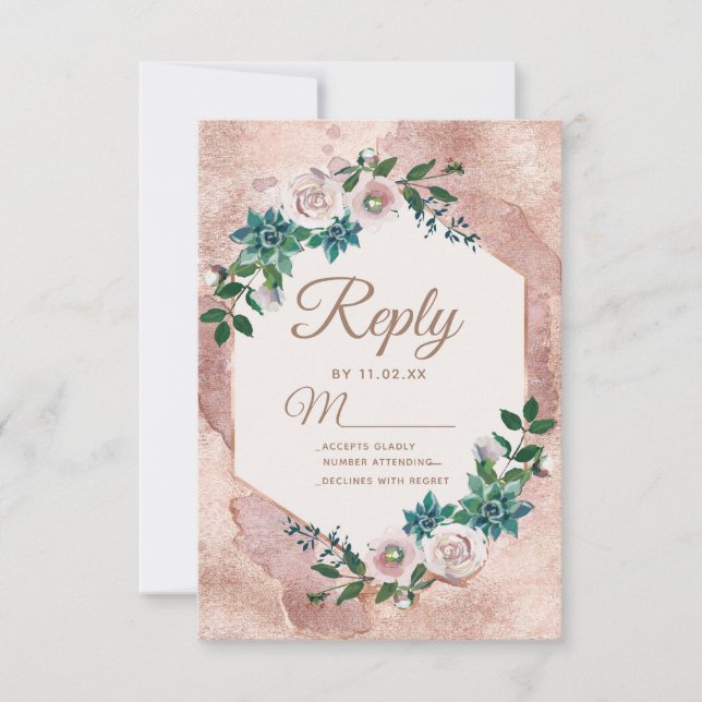 Blush Pink Rose Gold Succulents Wedding RSVP Card (Front)
