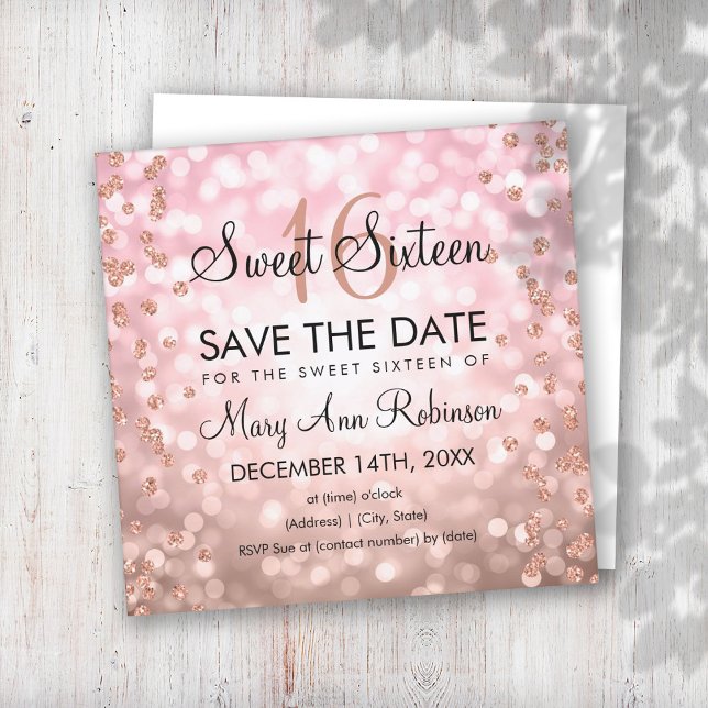 Blush Pink Rose Gold Sweet 16 Glitter Lights Invitation (Creator Uploaded)