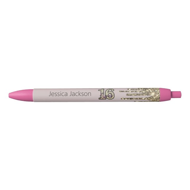 Blush Pink  Rose Gold Sweet Sixteen Black Ink Pen (Front)
