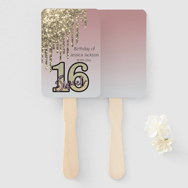 Blush Pink  Rose Gold Sweet Sixteen Hand Fan (Front and Back)