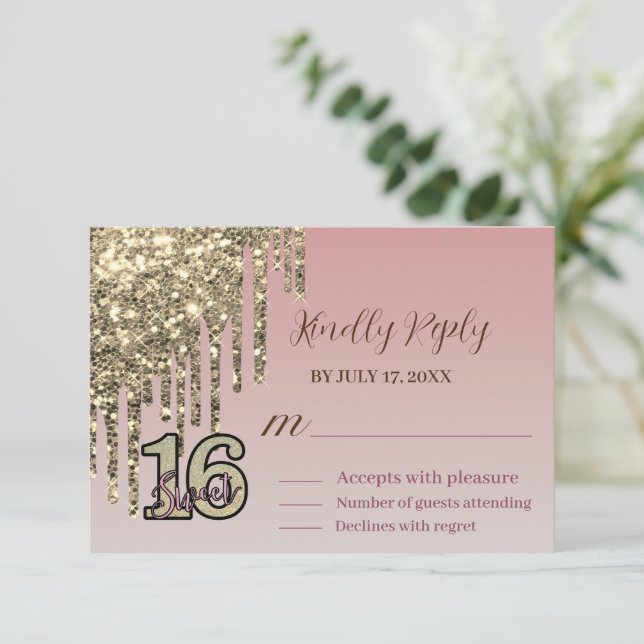 Blush Pink Rose Gold Sweet Sixteen RSVP Card (Standing Front)