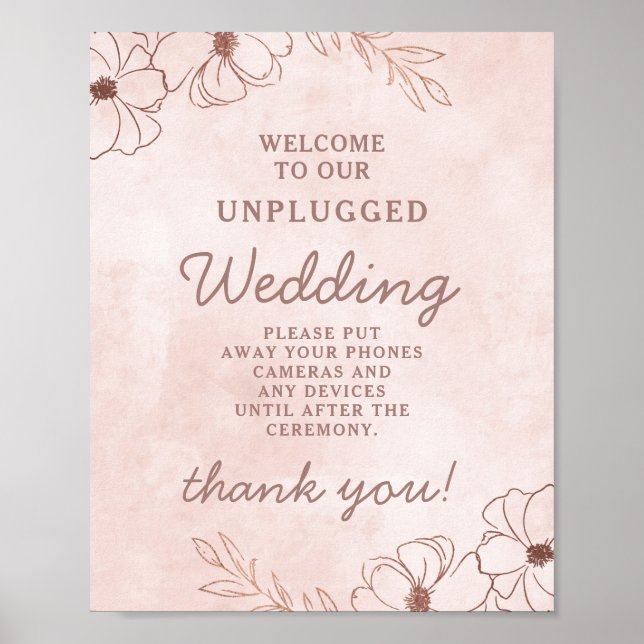 Blush Pink Rose Gold Unplugged Wedding Table Sign (Front)