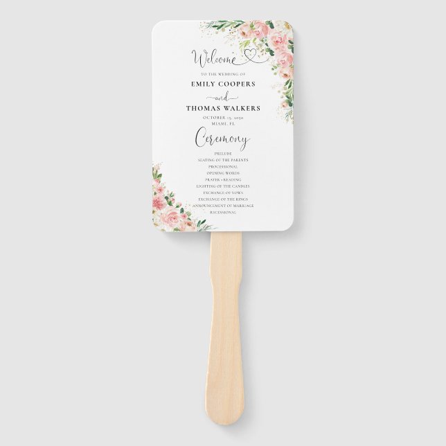 Blush Pink Rose Gold Wedding Program Hand Fan (Front)