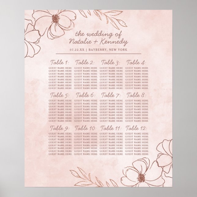 Blush Pink & Rose Gold Wedding Table Seating Chart (Front)