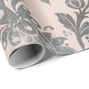 Blush Pink Rose Grey Floral Powder Grungy Damask Wrapping Paper