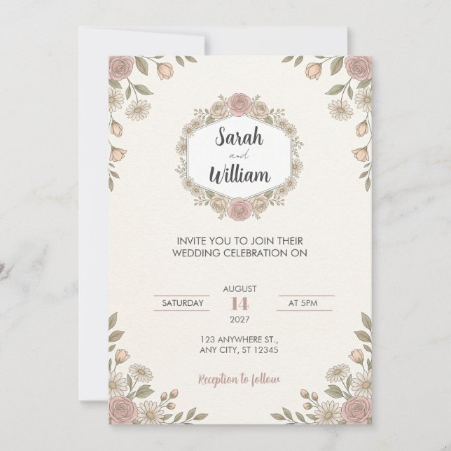Blush Pink Rose Hexagon Floral Wedding Invitation (Front)