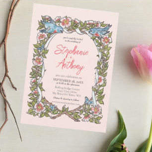 Blush Pink Rose & Love Bird Pastel Border Wedding Invitation