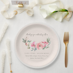 Blush Pink Rose Orchid Watercolor Floral Wedding Paper Plate