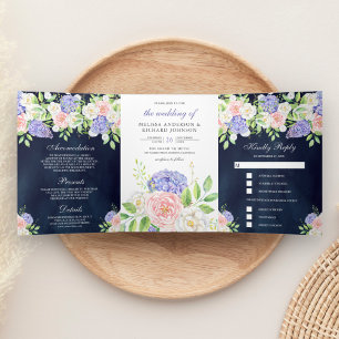 Blush Pink Rose Purple Hydrangea Navy Blue Wedding Tri-Fold Invitation