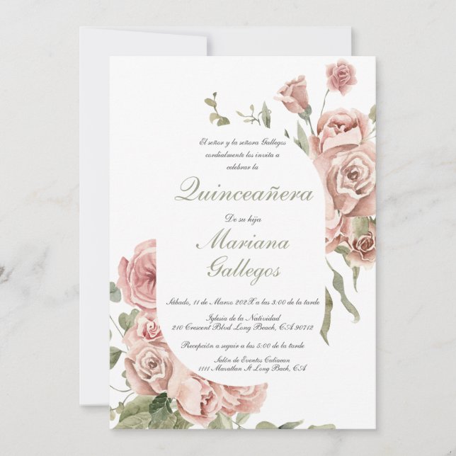 Blush pink rose Quinceanera invitation (Front)
