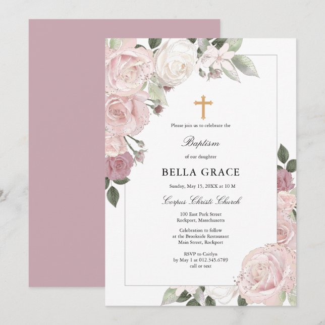 Blush Pink Rose Rustic Floral Baptism Invitation (Front/Back)