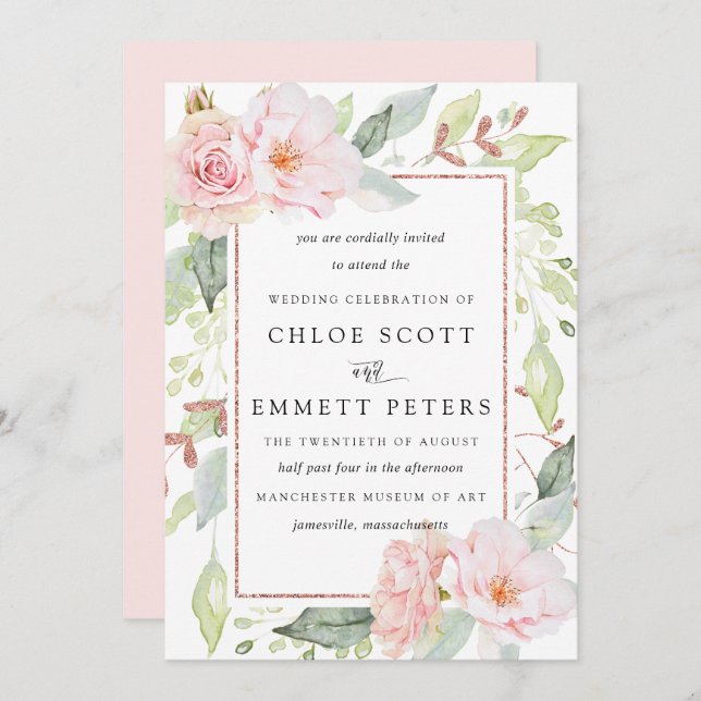 Blush Pink Rose Rustic Floral Wedding Invitation (Front/Back)