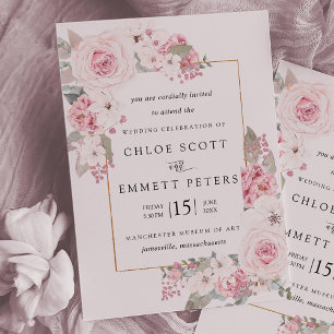 Blush Pink Rose Rustic Floral Wedding Invitation