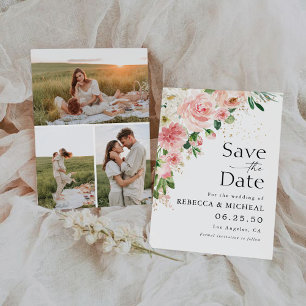 Blush Pink Rose Save The Date with Photo Flat Card