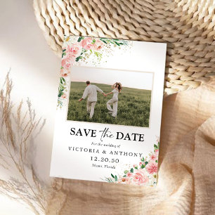 Blush Pink Rose Save The Date with Photo Flat Card