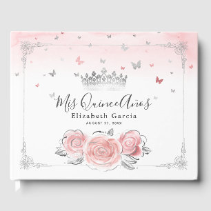 Blush Pink Rose Silver Crown Elegant Quinceanera Guest Book