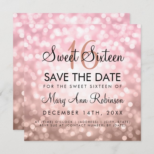 Blush Pink Rose Sweet 16 Birthday Glitter Lights Invitation (Front/Back)