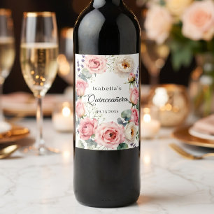 Blush Pink Rose Watercolor Floral Quinceañera Wine Label