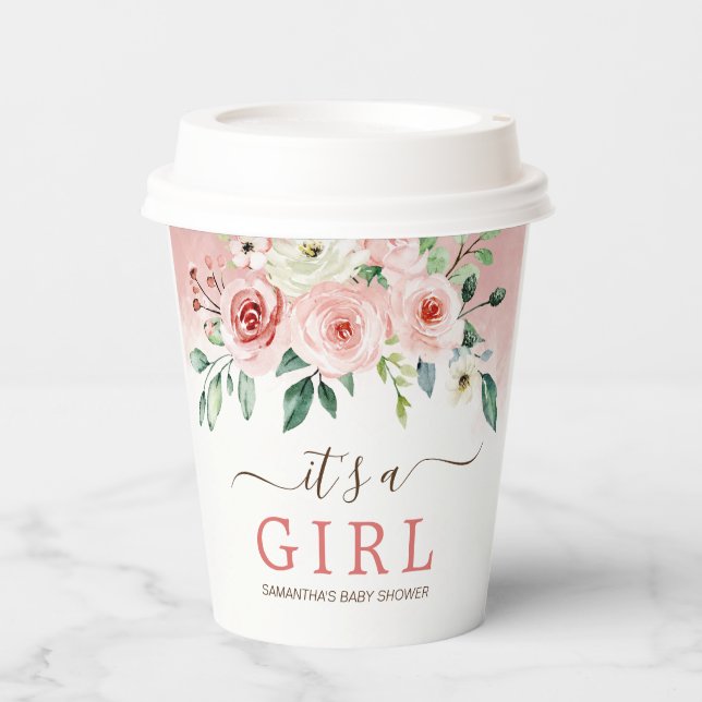 Blush Pink Rose Watercolor Girl Baby Shower Paper Cups (Front)
