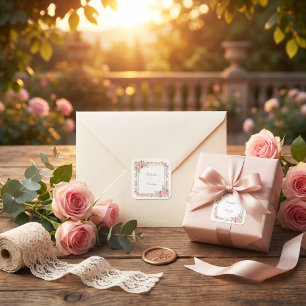 Blush Pink Rose Watercolor Gold Frame Wedding Square Sticker