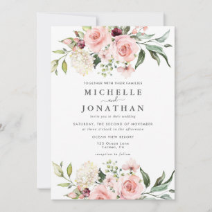 Blush Pink Rose Watercolor QR Code Wedding Invitation